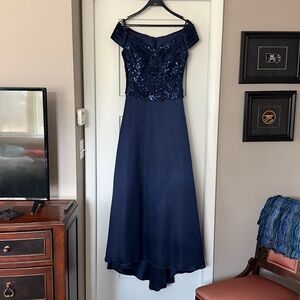 Mother of the Groom Midnight Blue Off the Shoulder Satin and Sequins Dress